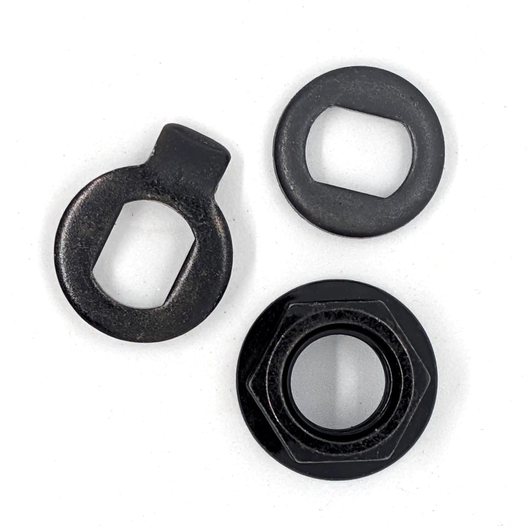 Top view of factory M14 motor hub nut, torque washer and flat spacer washer set for electric scooters.
