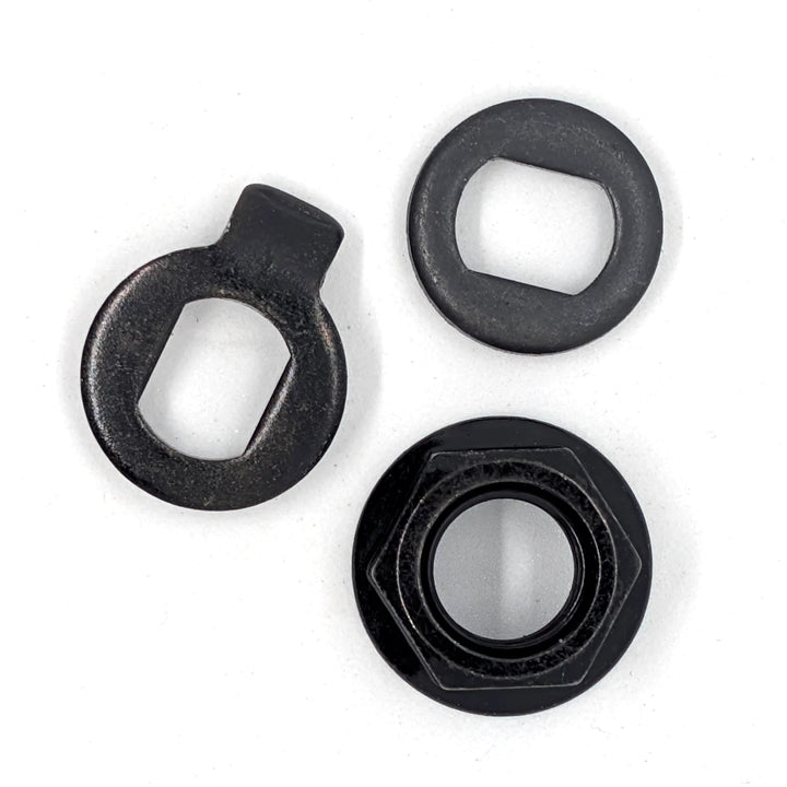 Top view of factory M14 motor hub nut, torque washer and flat spacer washer set for electric scooters.