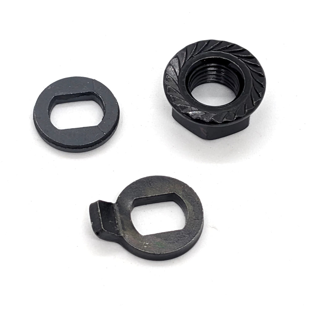 Complete M14 motor hub hardware kit including axle nuts, torque washers and flat spacer washers for electric scooters.