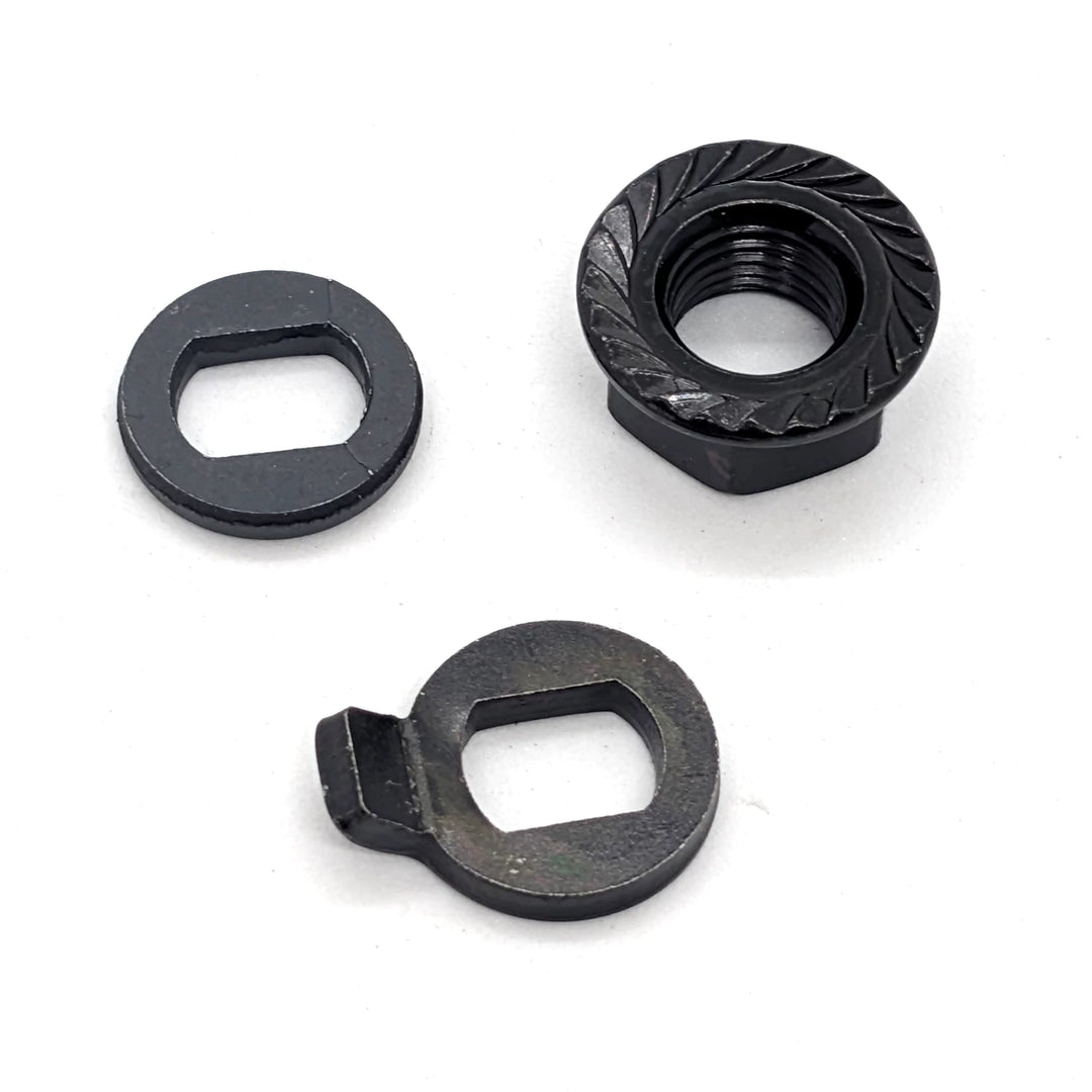 Complete M14 motor hub hardware kit including axle nuts, torque washers and flat spacer washers for electric scooters.