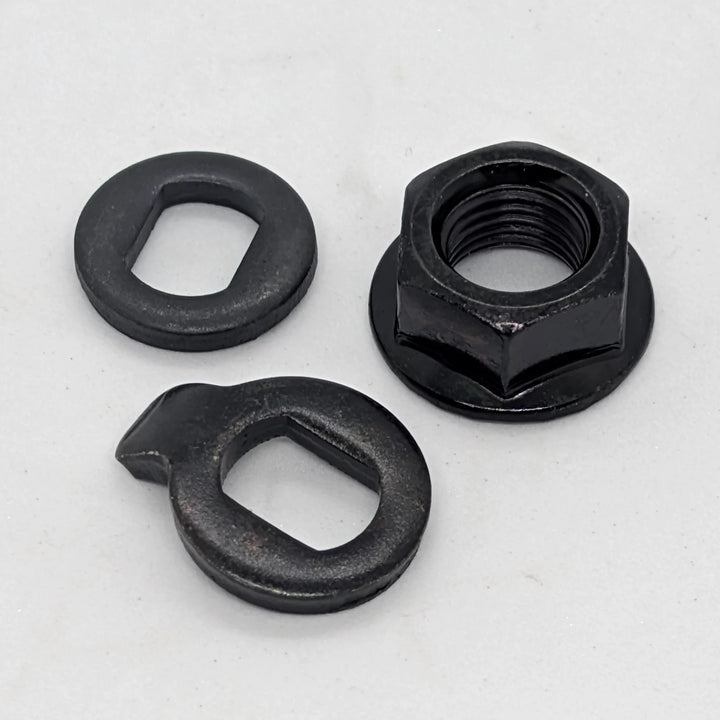 Angled view of M14 motor hub axle nut set showing black flange nut, torque washer and spacer washer.