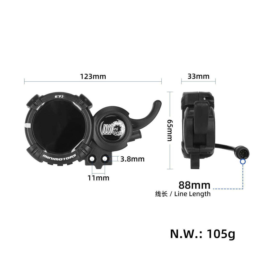 MINIMOTORS EY3 display dimensions showing width, height, depth, cable length and mounting measurements.