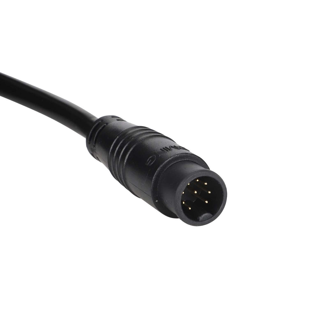 Close-up of waterproof multi-pin connector for MINIMOTORS EY3 display and throttle assembly.