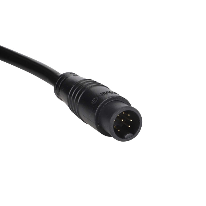 Close-up of waterproof multi-pin connector for MINIMOTORS EY3 display and throttle assembly.