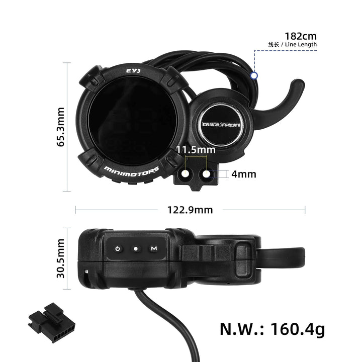 NEW EY3 display diagram showing 122.9 mm width, 65.3 mm height, 30.5 mm depth and 182 cm cable