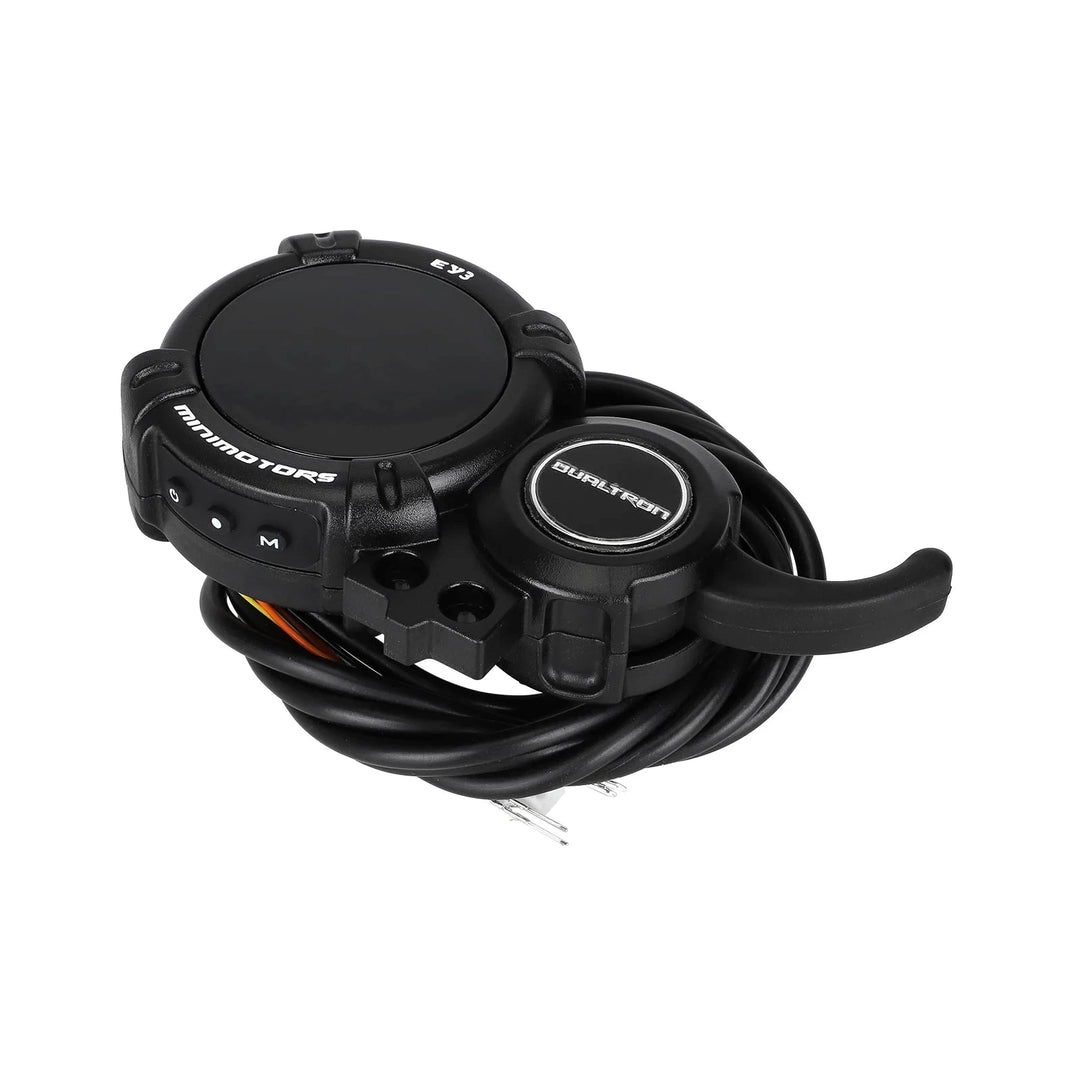 Angled view of genuine Minimotors NEW EY3 display showing control buttons, mounting holes and finger throttle