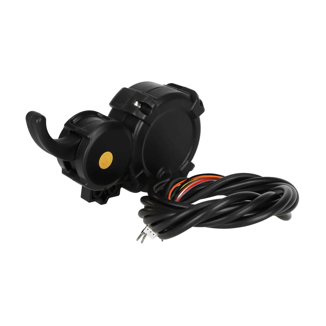 Rear view of Minimotors NEW EY3 display and finger throttle showing housing and attached cable
