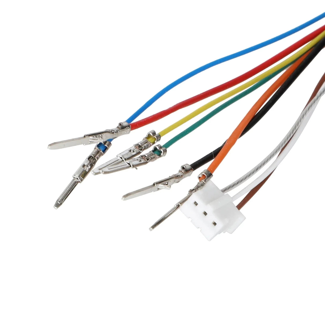 Close-up of NEW EY3 display wiring showing six loose crimp terminals and a white 3-pin connector
