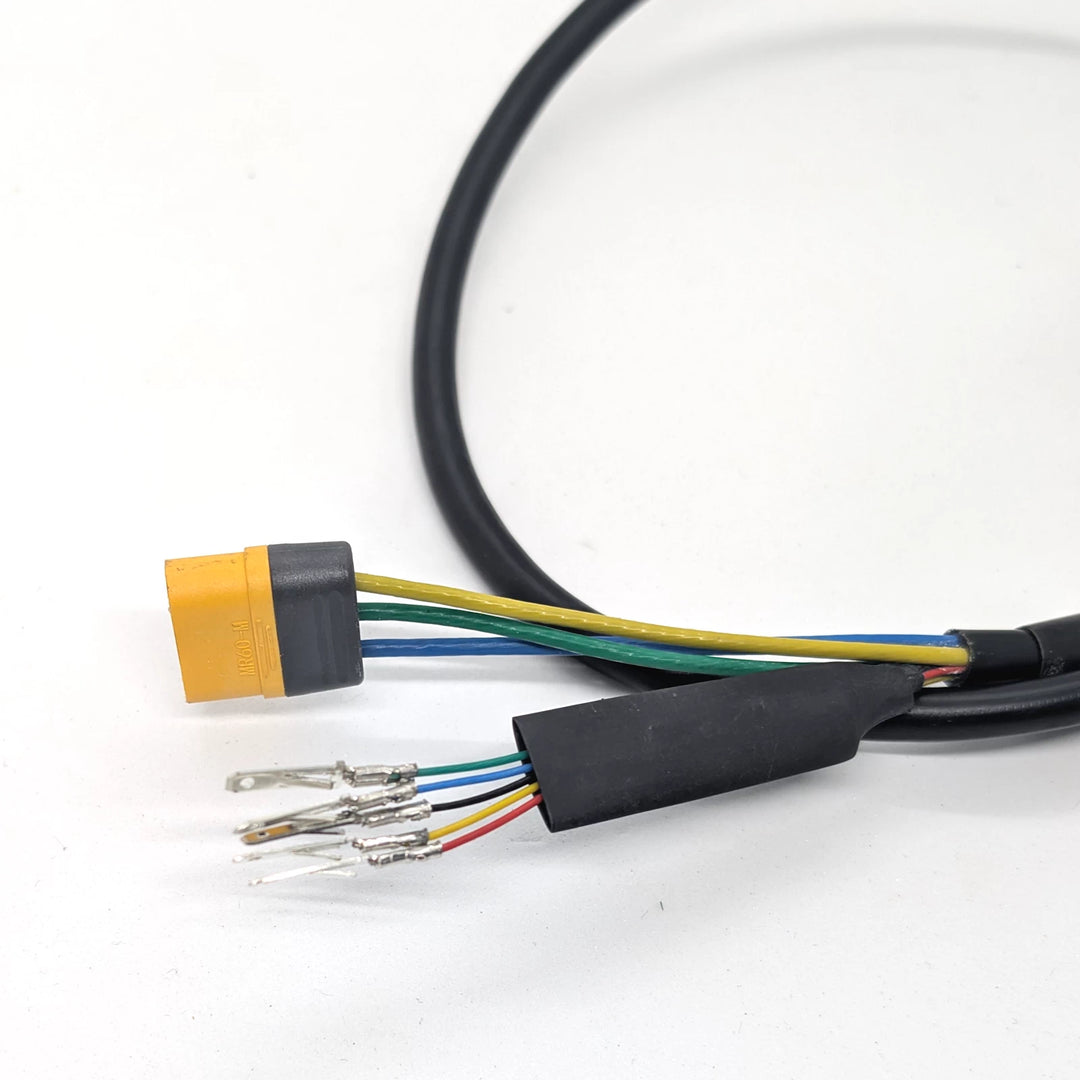 Close-up of MR60 motor phase connector and hall sensor wiring on V1 EMOVE Cruiser 1000W motor connection cable