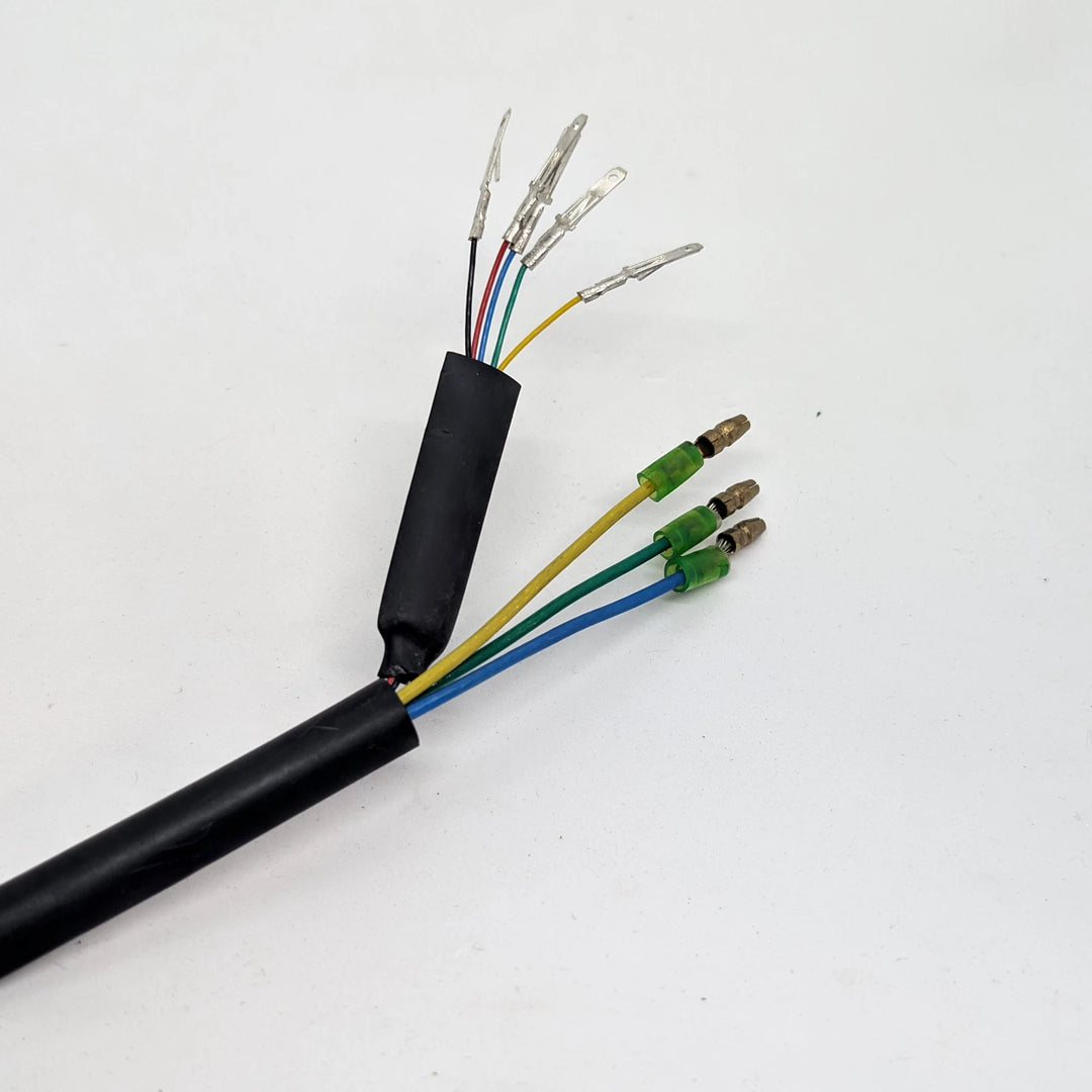 Close-up of V1 three bullet phase connectors and Hall sensor wiring of the motor connection cable for EMOVE Cruiser 1000W.
