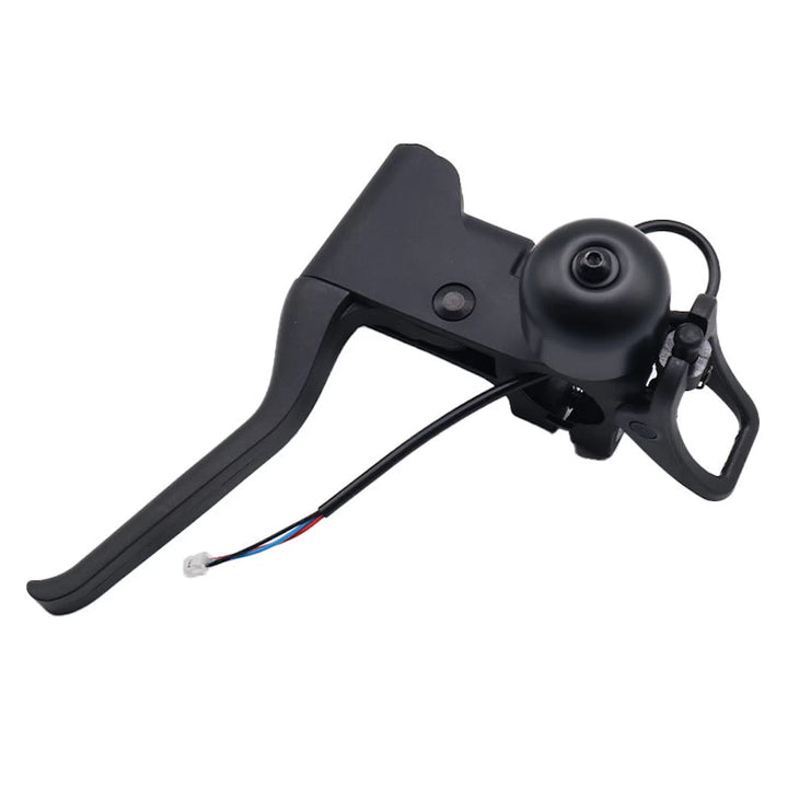 Side view of OEM Segway Ninebot E2 brake lever with integrated bell and electronic brake sensor cable.