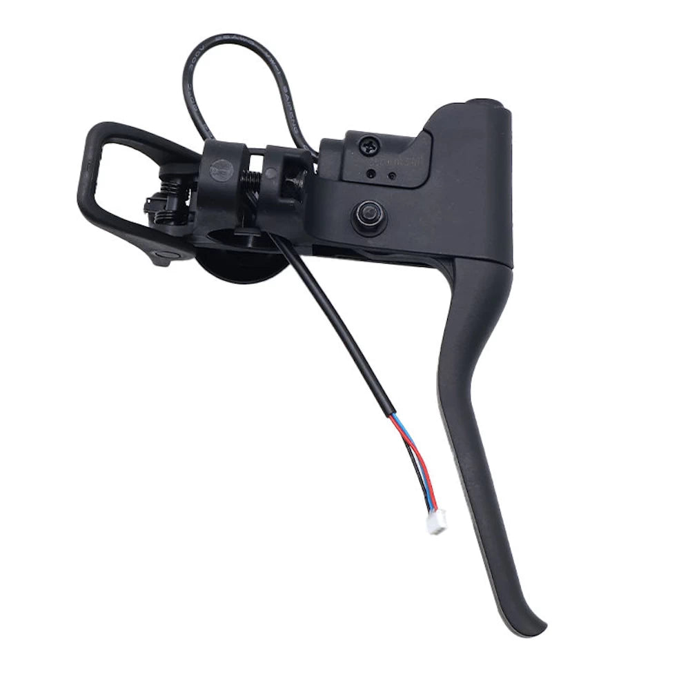 Underside view of original Segway Ninebot E2 brake lever and bell assembly with integrated brake sensor cable.