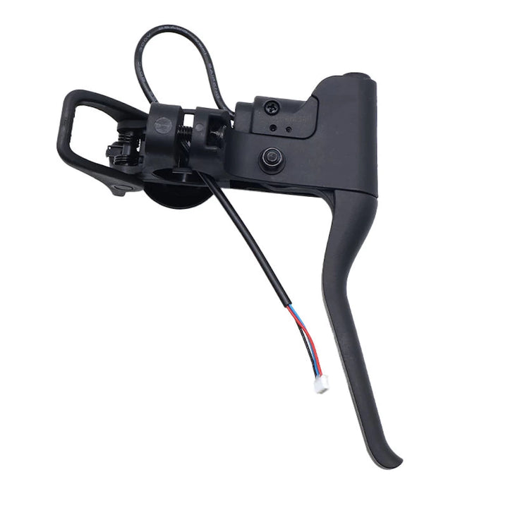 Underside view of original Segway Ninebot E2 brake lever and bell assembly with integrated brake sensor cable.