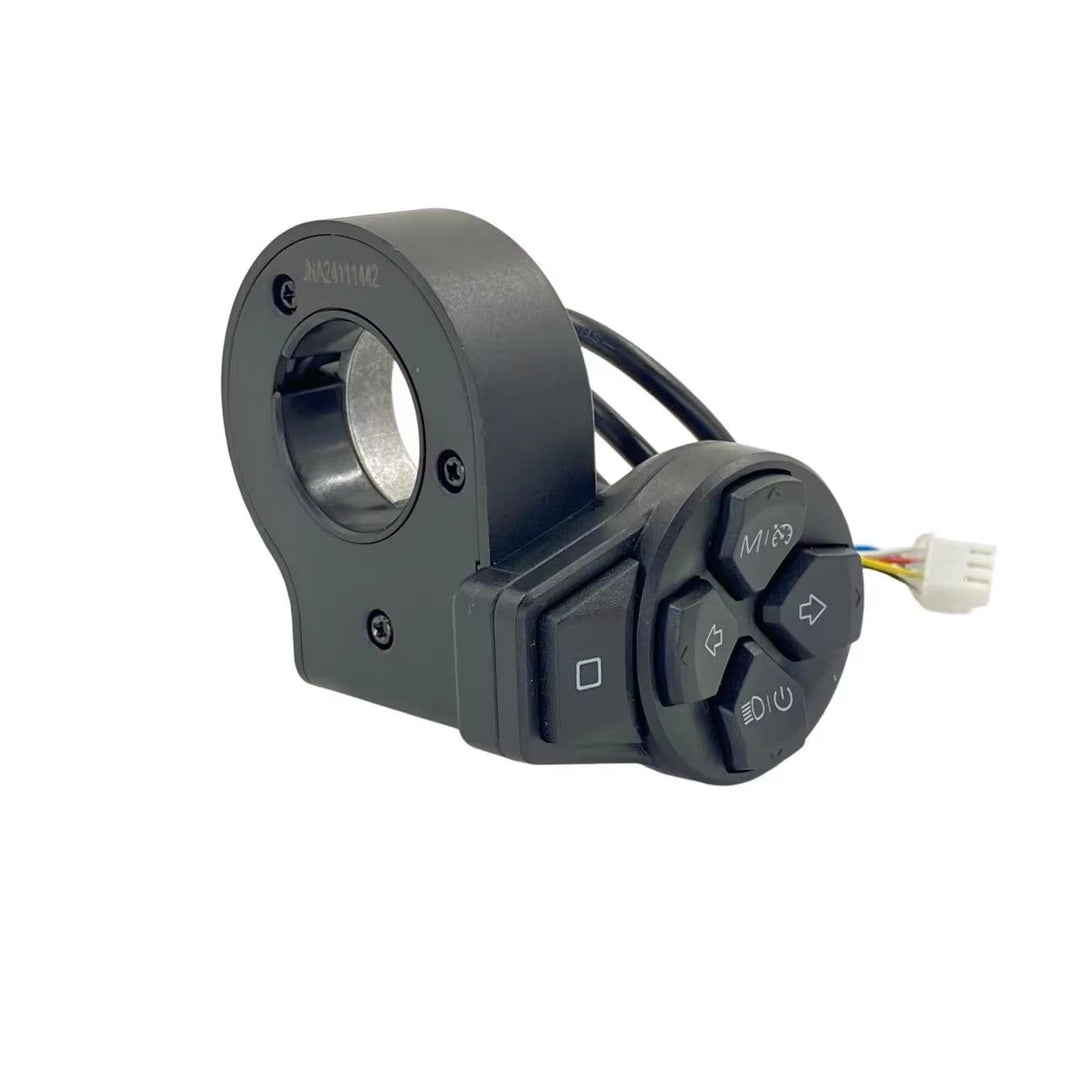 Angled view of Ninebot OEM combination switch showing the handlebar clamp and five-button control panel