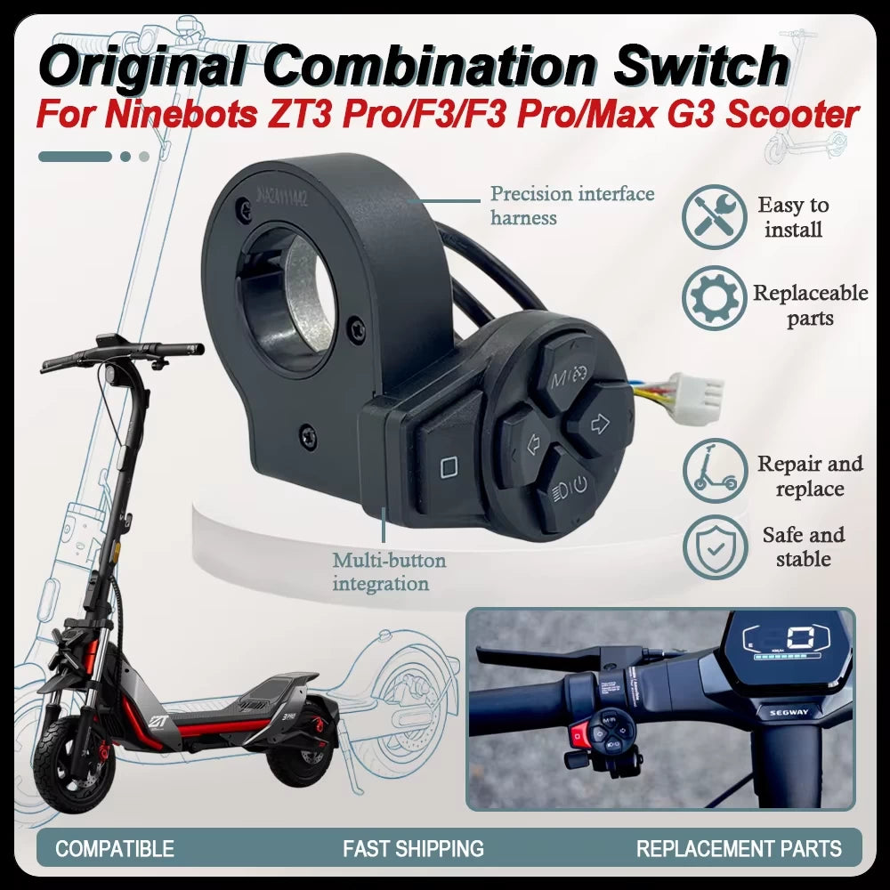 OEM Ninebot combination switch compatibility graphic for ZT3 Pro, MAX G3, F3 and F3 Pro
