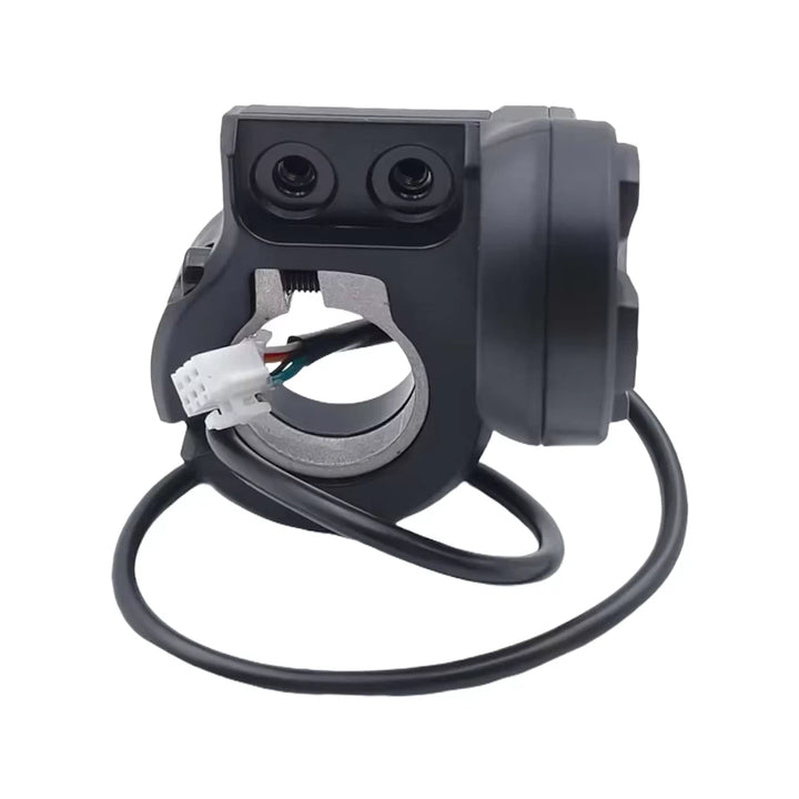 White 6-pin connector and handlebar clamp on the rear of the Ninebot OEM combination switch