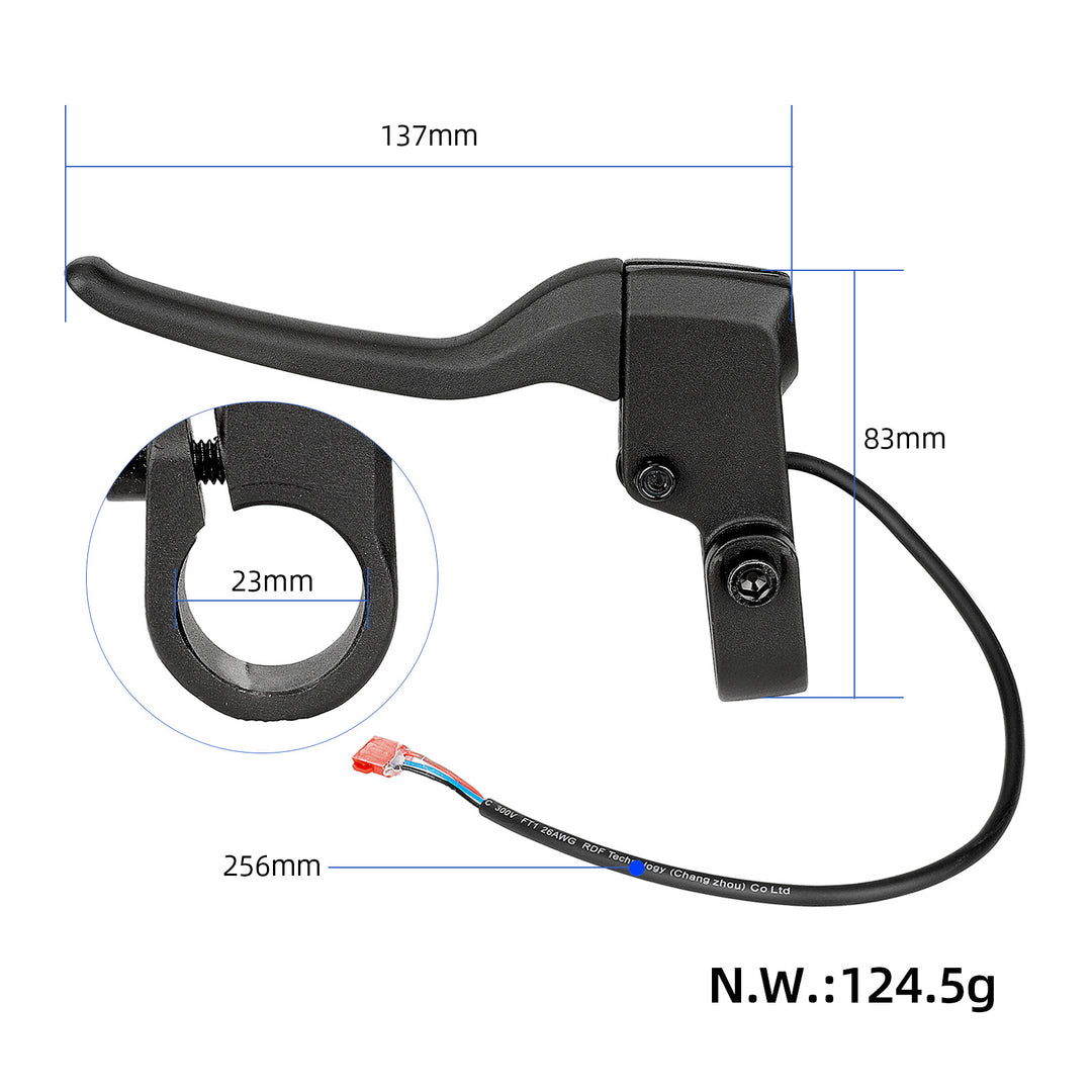 Underside view and dimensions of NIU KQi2 KQi3 right brake lever showing 23mm clamp and cable length
