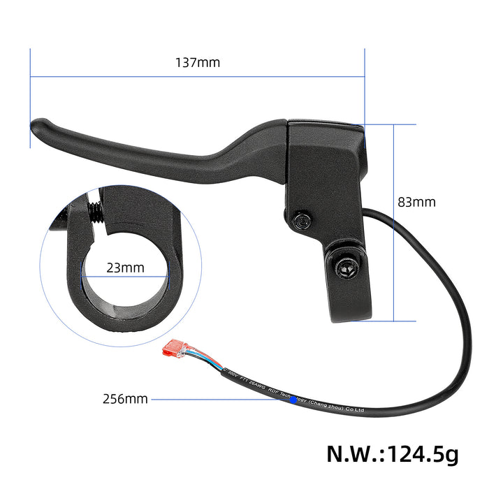Underside view and dimensions of NIU KQi2 KQi3 right brake lever showing 23mm clamp and cable length