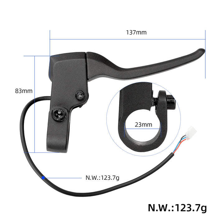 Dimensions of NIU KQi2 KQi3 Left brake lever showing 23mm clamp and cable length