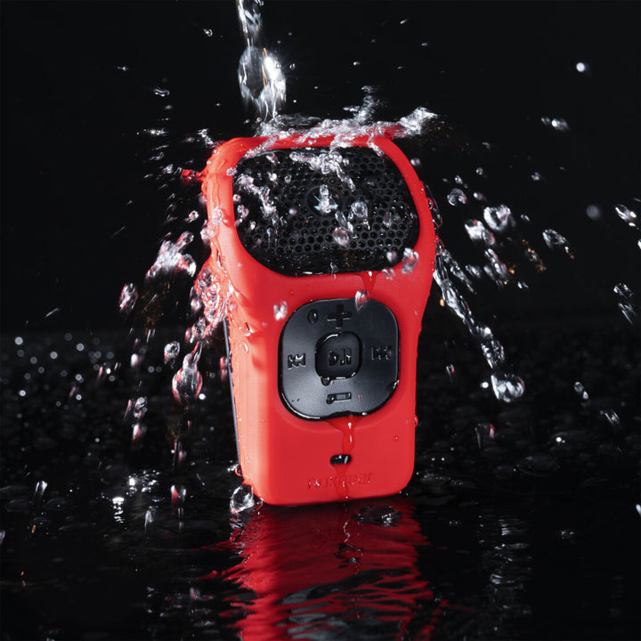 Noxgear 39g speaker fitted with Red Hot silicone skin demonstrating durable outdoor performance in wet conditions.