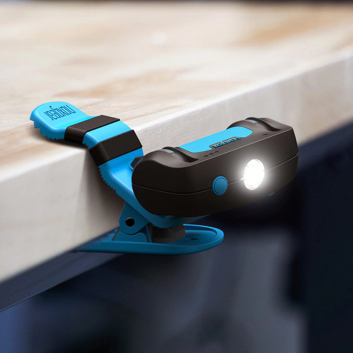 Noxgear 500 lumen rechargeable clip light clamped to desk with adjustable 360 degree mount