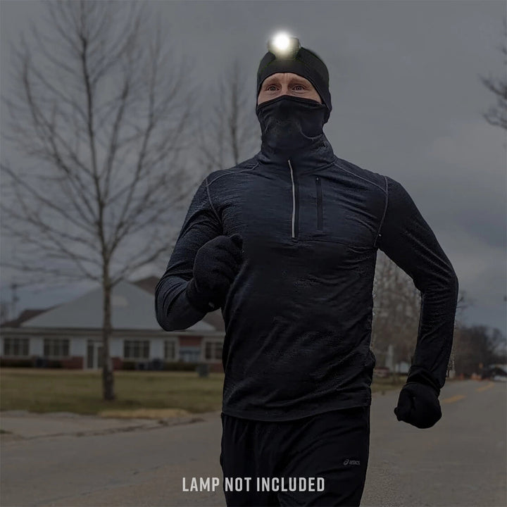 Runner wearing Noxgear Head Strap with Tracer Lamp for night running