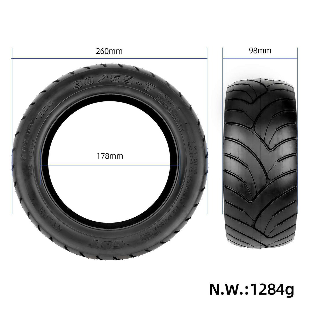 Dimensions of CST 90/55-7 tubeless tyre showing 260mm diameter, 178mm internal diameter and 98mm width