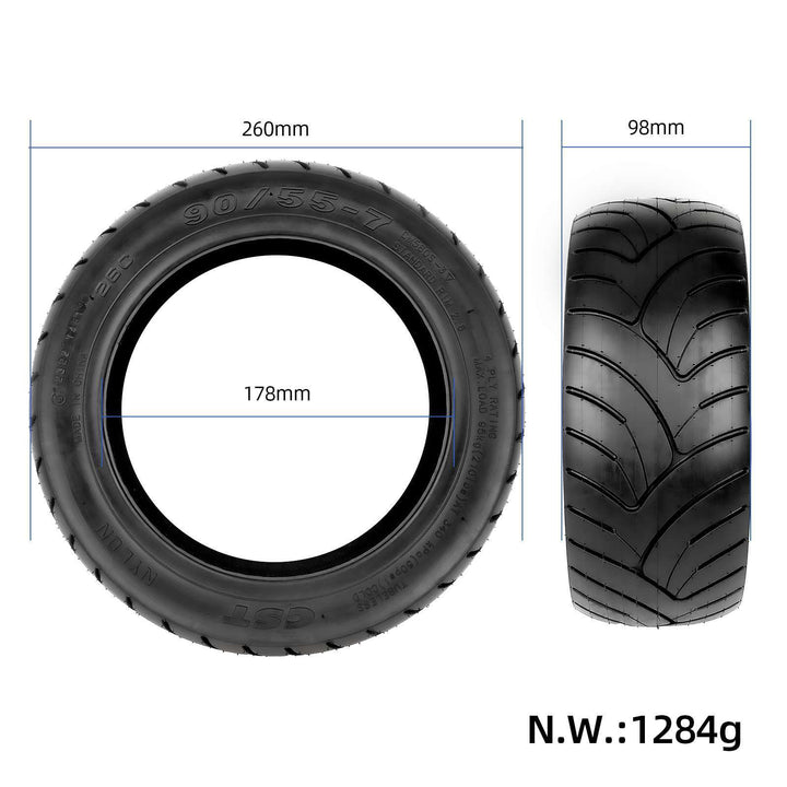 Dimensions of CST 90/55-7 tubeless tyre showing 260mm diameter, 178mm internal diameter and 98mm width