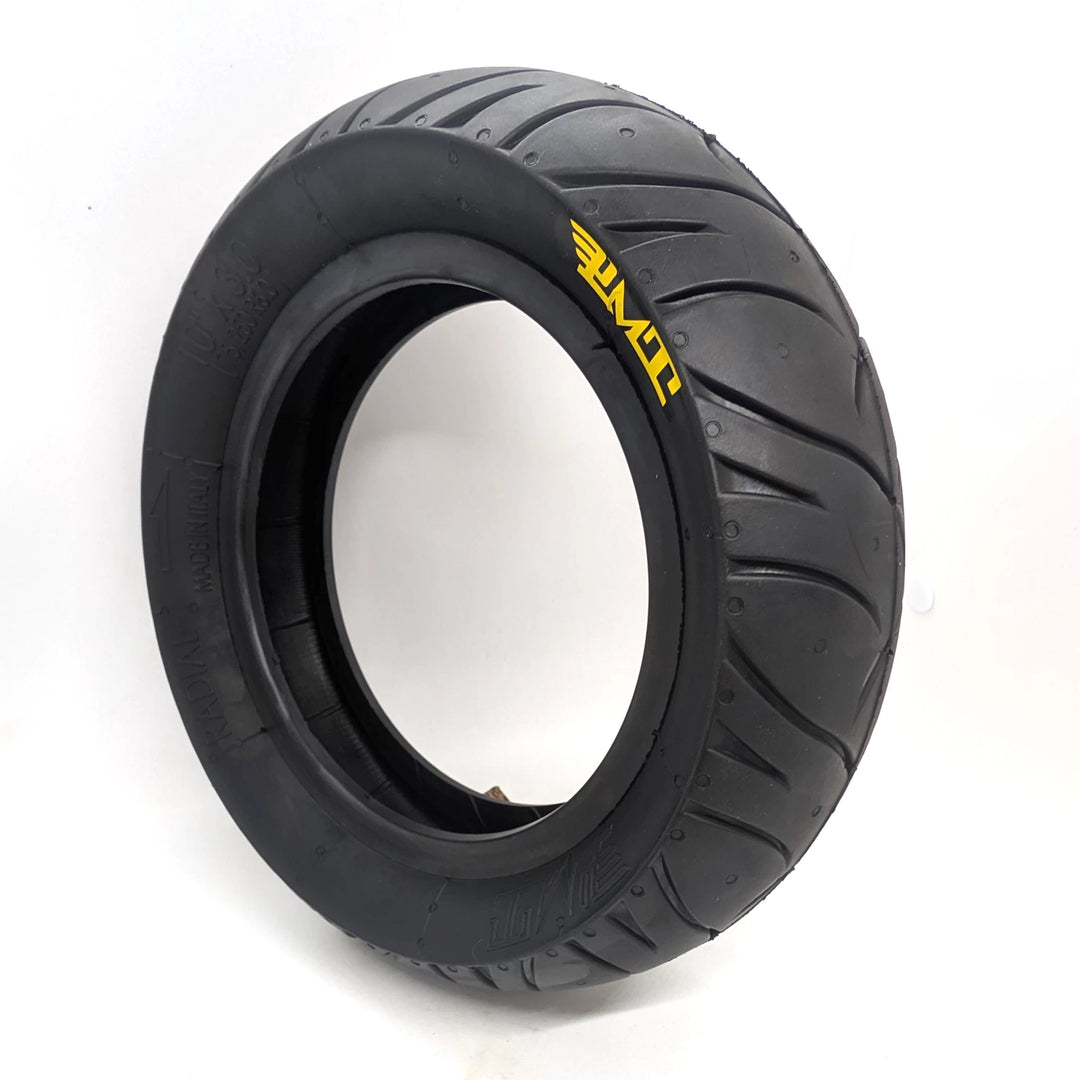 Angle view of the PMT 10x3.0 (75/250-R6.0) E-Fire Radial Tyre, made in Italy.