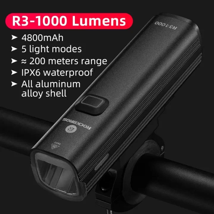 ROCKBROS R3-1000 front light showing key features including IPX6 waterproof rating and 1000 lumen output