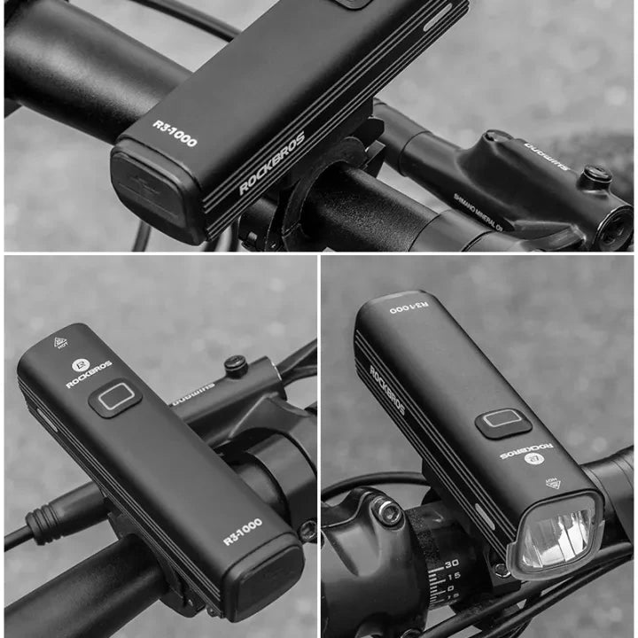 ROCKBROS R3-1000 1000 lumen USB-C rechargeable bike and electric scooter front light mounted on handlebars
