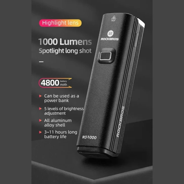 ROCKBROS R3-1000 front light featuring high-performance lens with 1000 lumen illumination