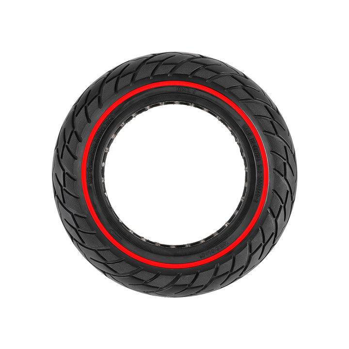 Side profile of 10×2.5 solid honeycomb scooter tyre with sporty red sidewall stripe.