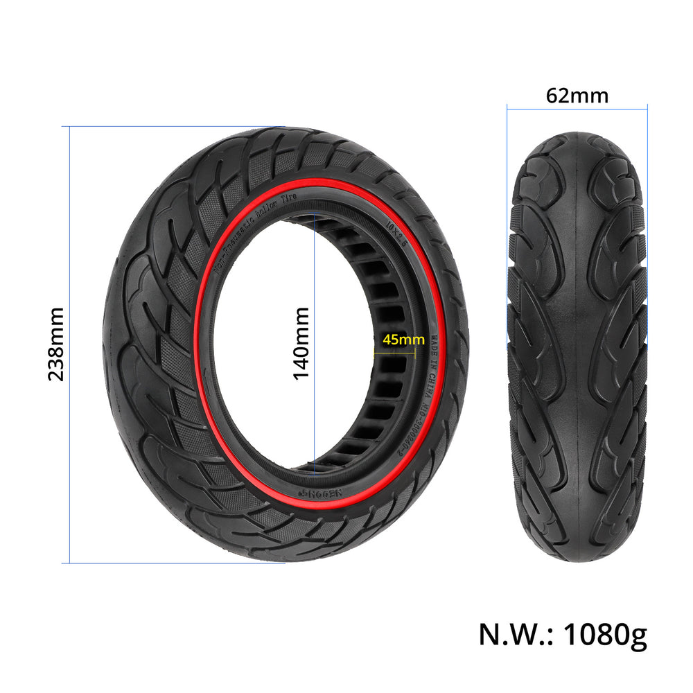 10×2.5 solid honeycomb electric scooter tyre with red sidewall stripe showing dimensions, 238mm diameter and 62mm width.