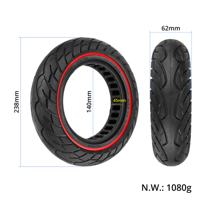 10×2.5 solid honeycomb electric scooter tyre with red sidewall stripe showing dimensions, 238mm diameter and 62mm width.