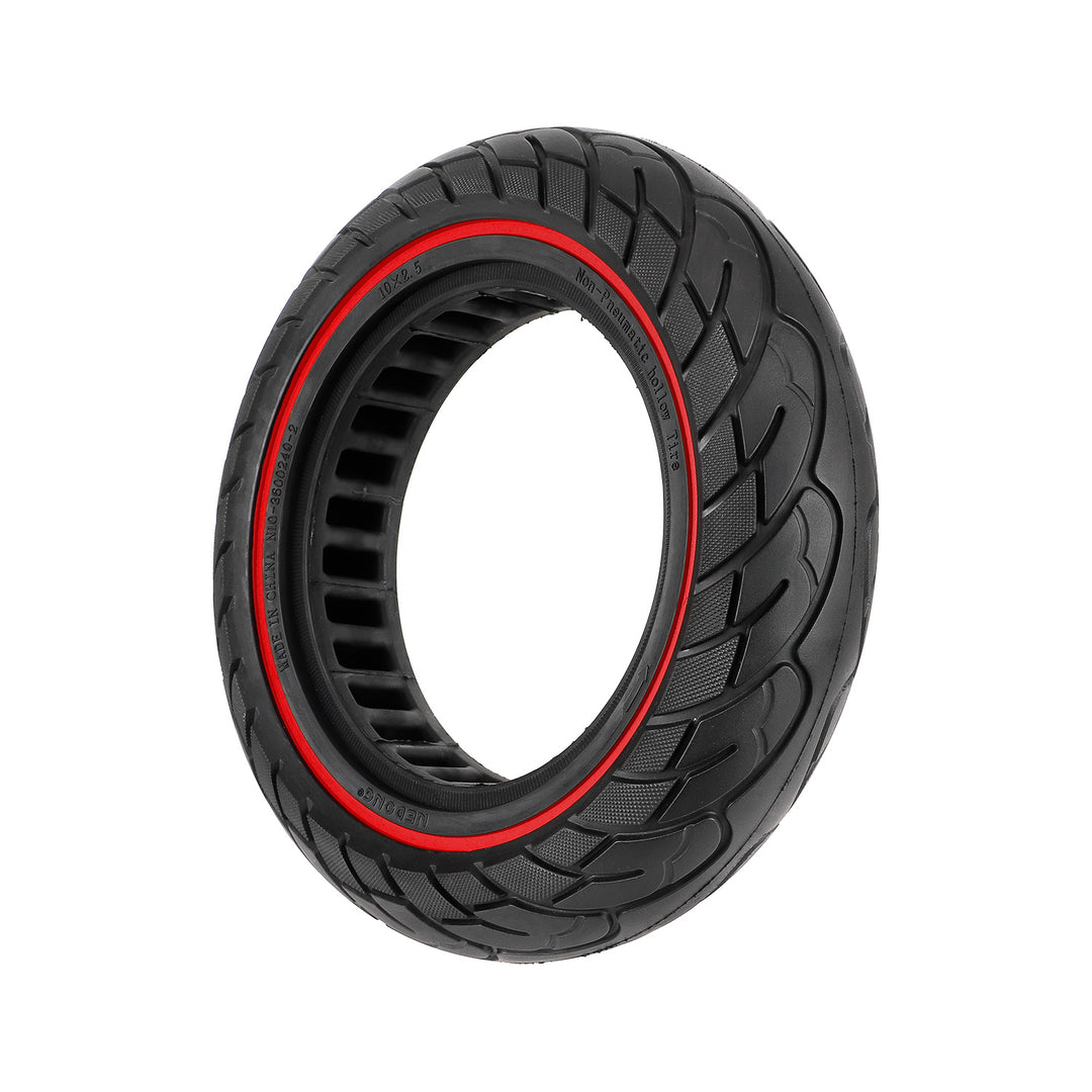 Front perspective of 10×2.5 puncture-proof solid honeycomb scooter tyre with red sidewall stripe.