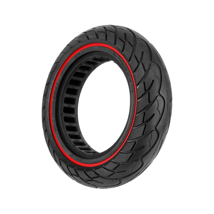 Front perspective of 10×2.5 puncture-proof solid honeycomb scooter tyre with red sidewall stripe.