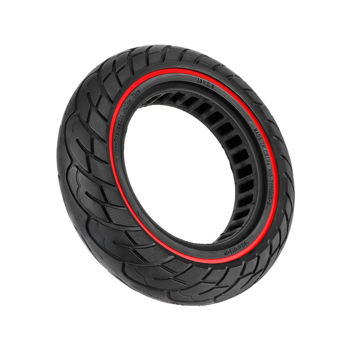 Perspective view of 10×2.5 solid road tyre with directional tread and hollow honeycomb construction.