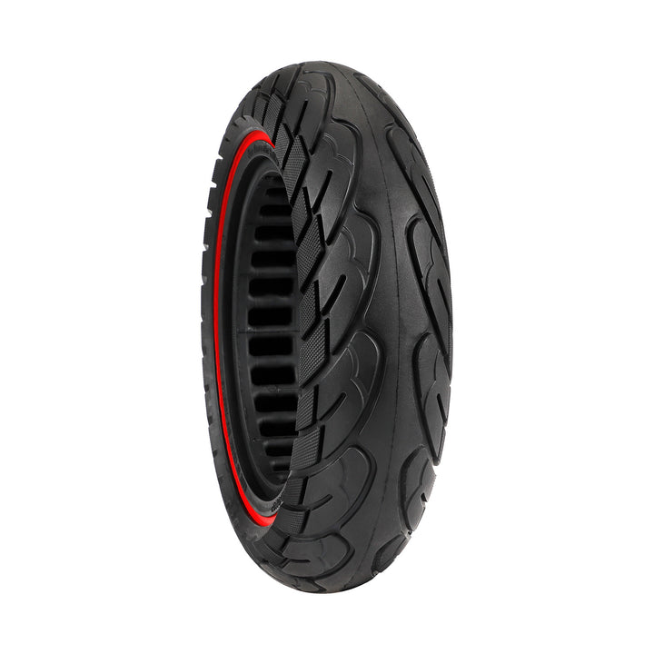 Angled view of 10×2.5 solid honeycomb tyre with red stripe for Segway Ninebot Max G30 and Xiaomi Mi 4 scooters.