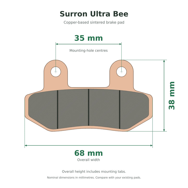 Surron Ultra Bee brake pads measuring 68 mm wide and 38 mm high with 35 mm mounting-hole centres