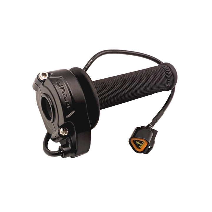 Rear view of original Surron Ultra Bee throttle showing connection cable, handlebar clamp and original Surron branded grip
