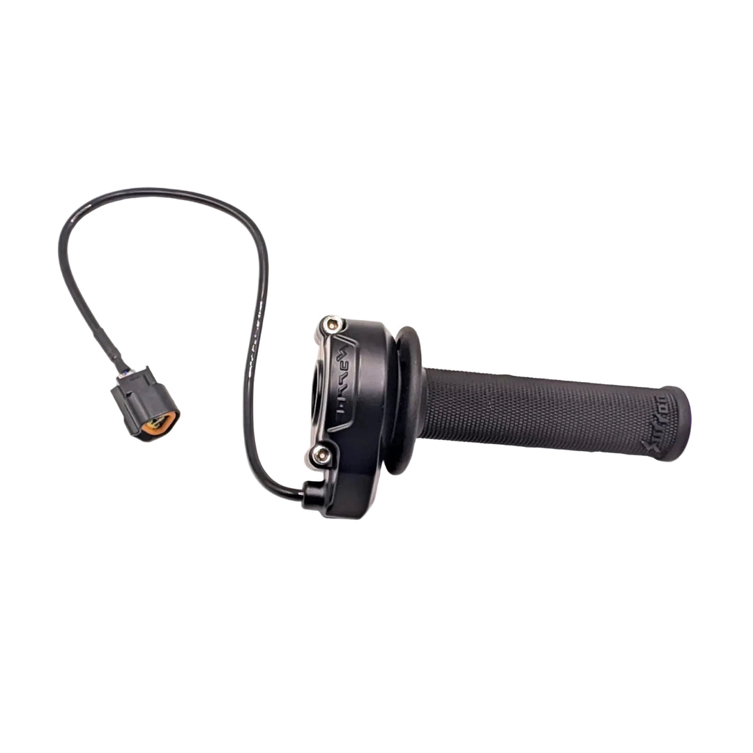 Underside view of genuine Surron Ultra Bee twist throttle with rubber grip, Surron branded housing and grip, cable and connector