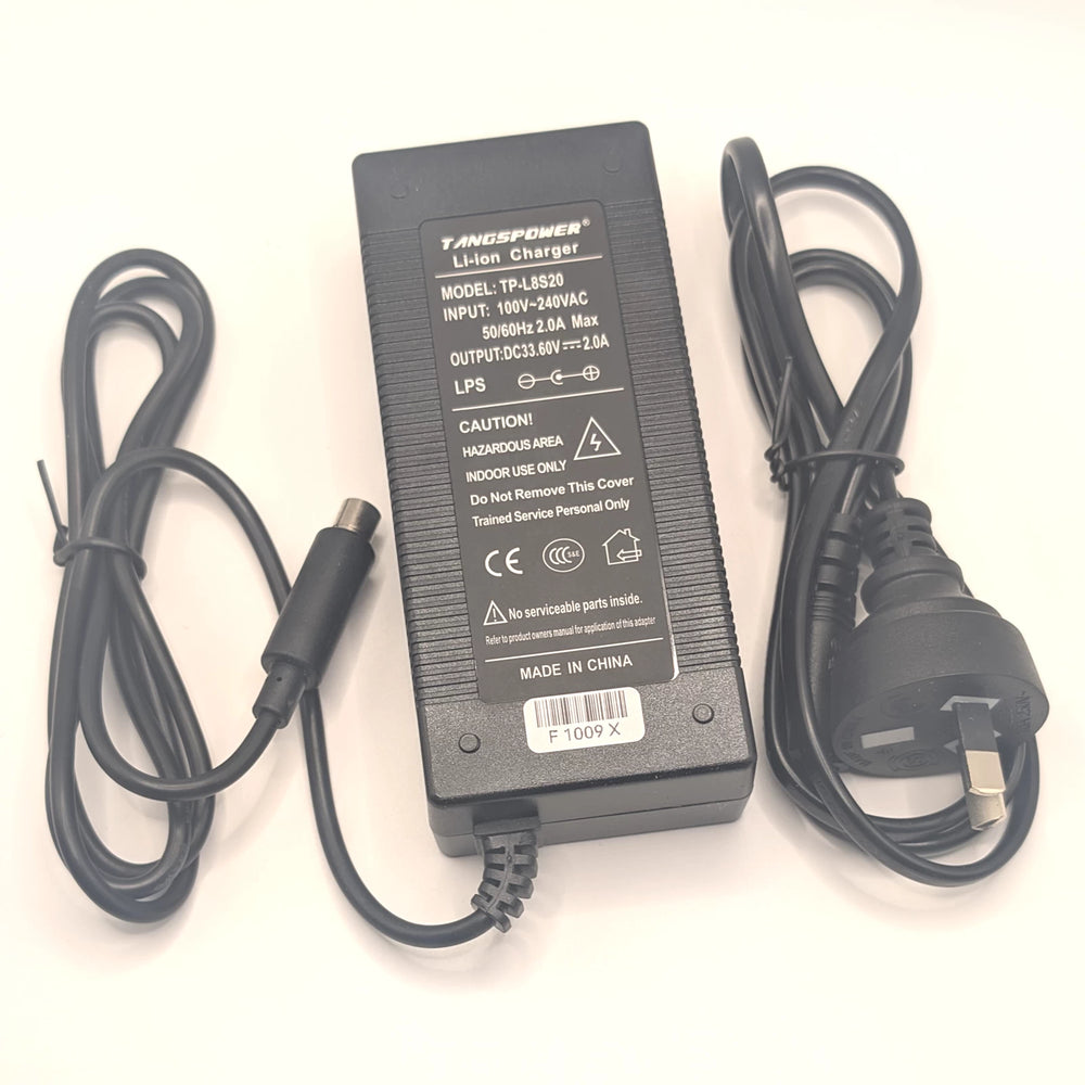 Rear view of TANGSPOWER 33.6V 2A charger with specification label, charging plug and Australian mains lead