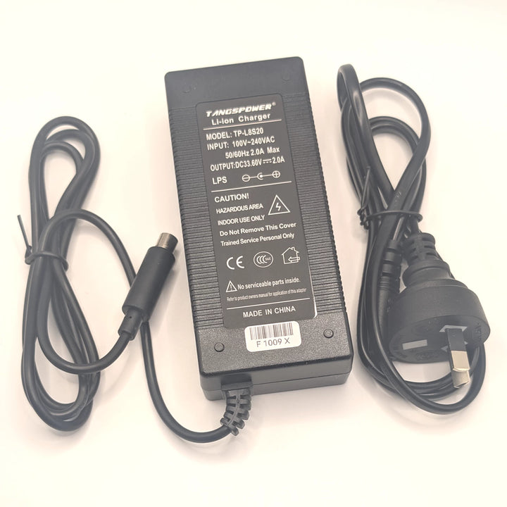 Rear view of TANGSPOWER 33.6V 2A charger with specification label, charging plug and Australian mains lead