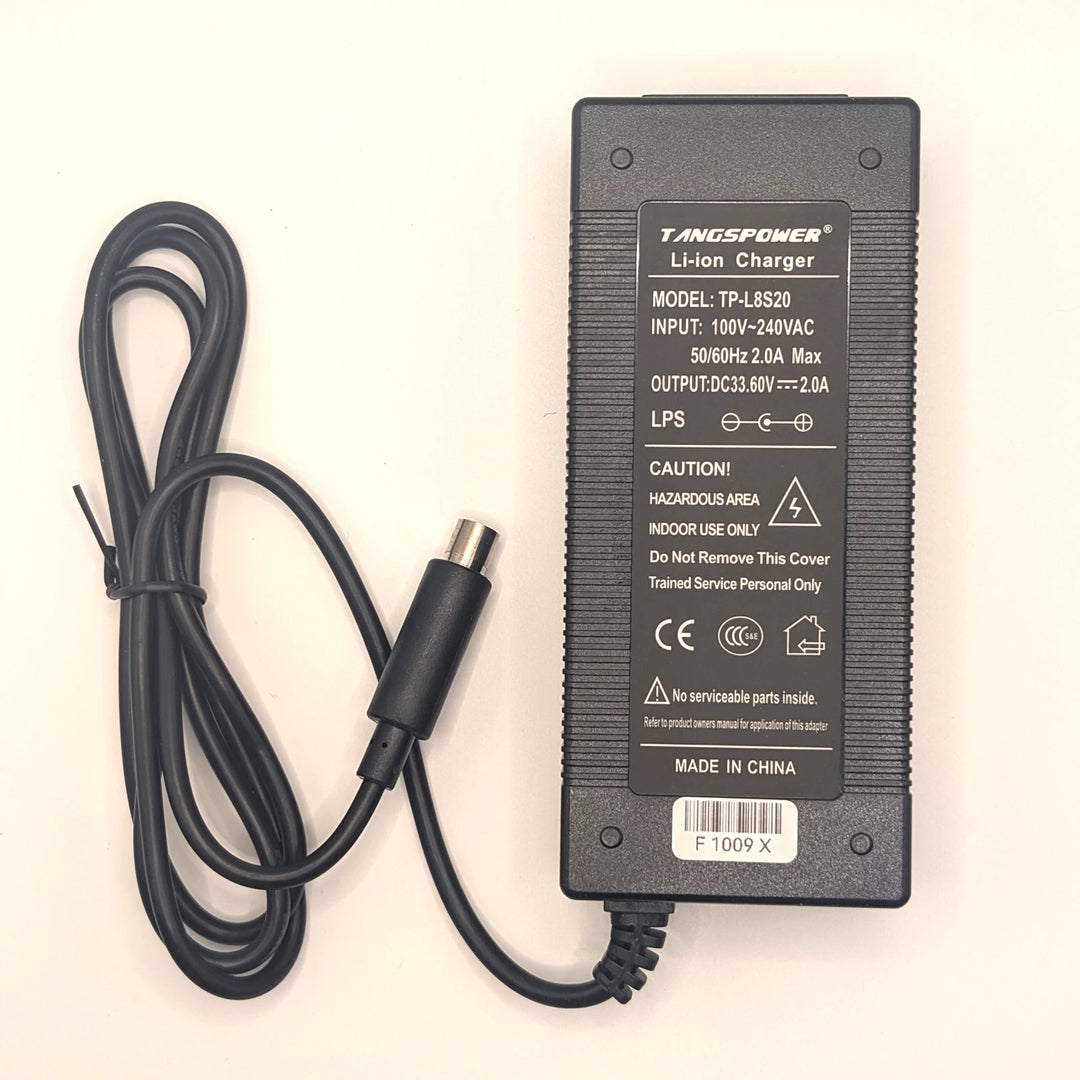 Rear view of TANGSPOWER TP-L8S20 charger showing the specification label and attached charging cable