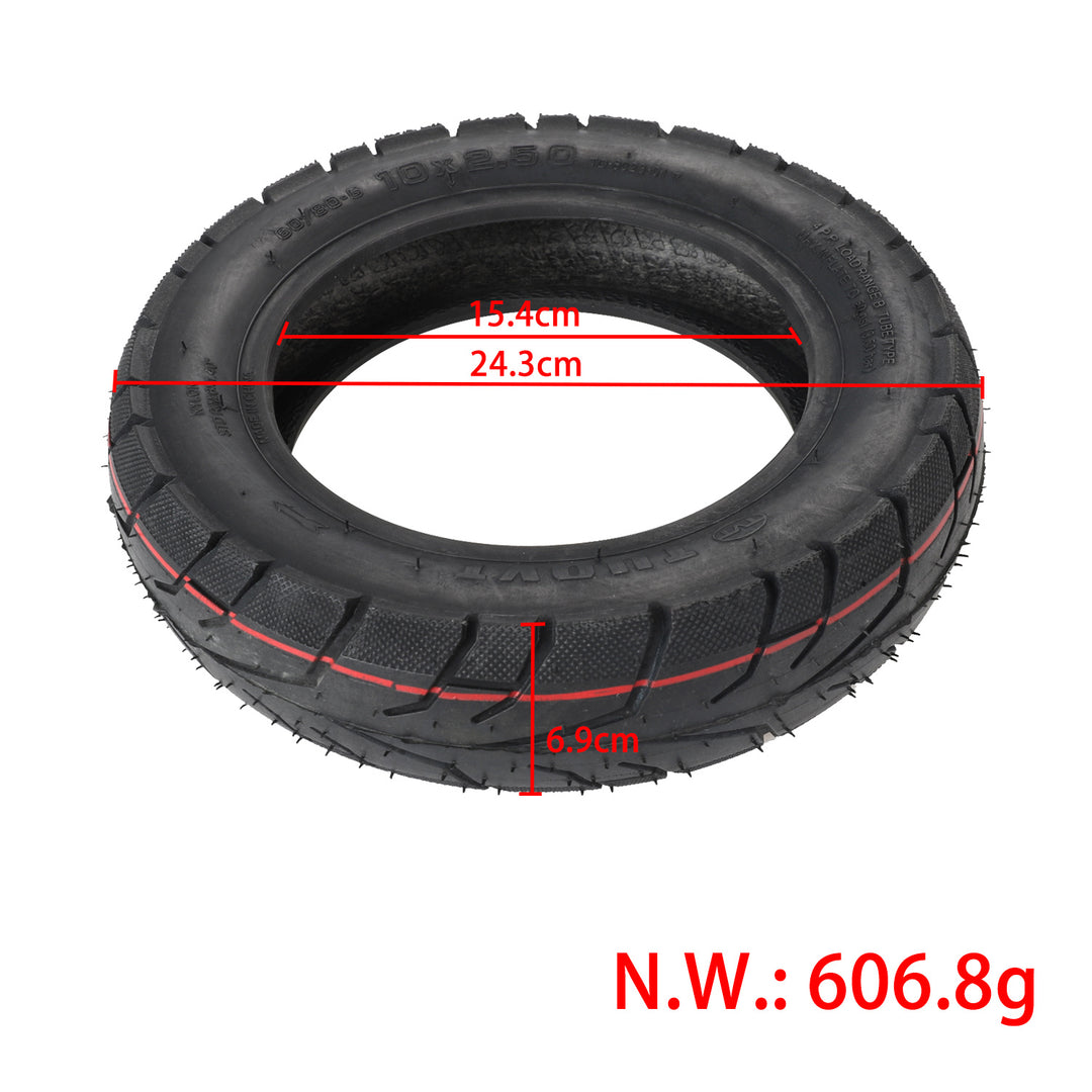 Dimensions of TUOVT 10x2.50 road tyre showing 243mm overall diameter, 154mm internal diameter and 69mm width.