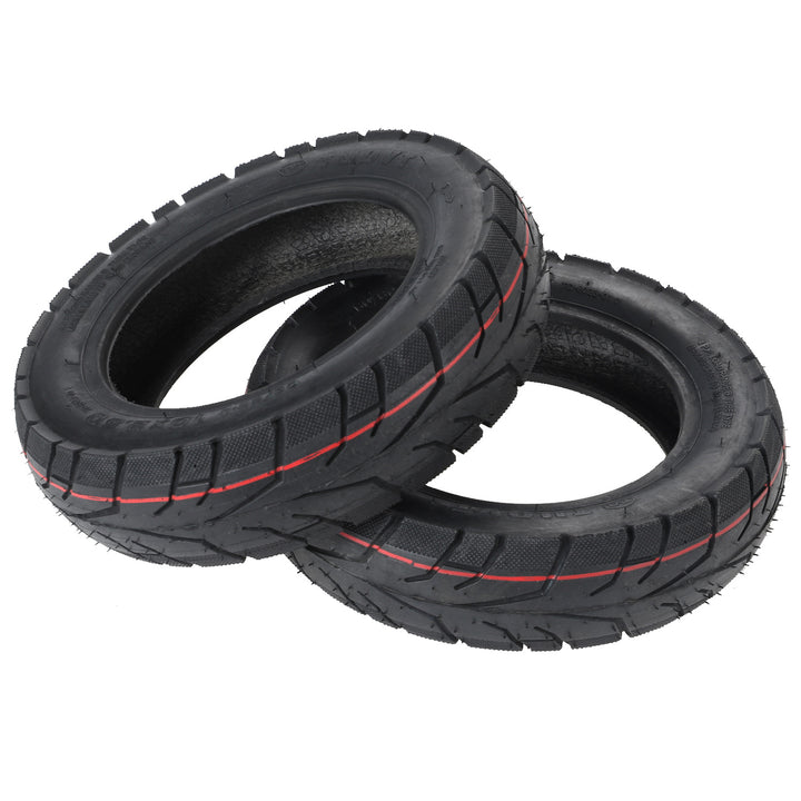 Pair of TUOVT 10x2.50 electric scooter replacement tyres with premium road tread.