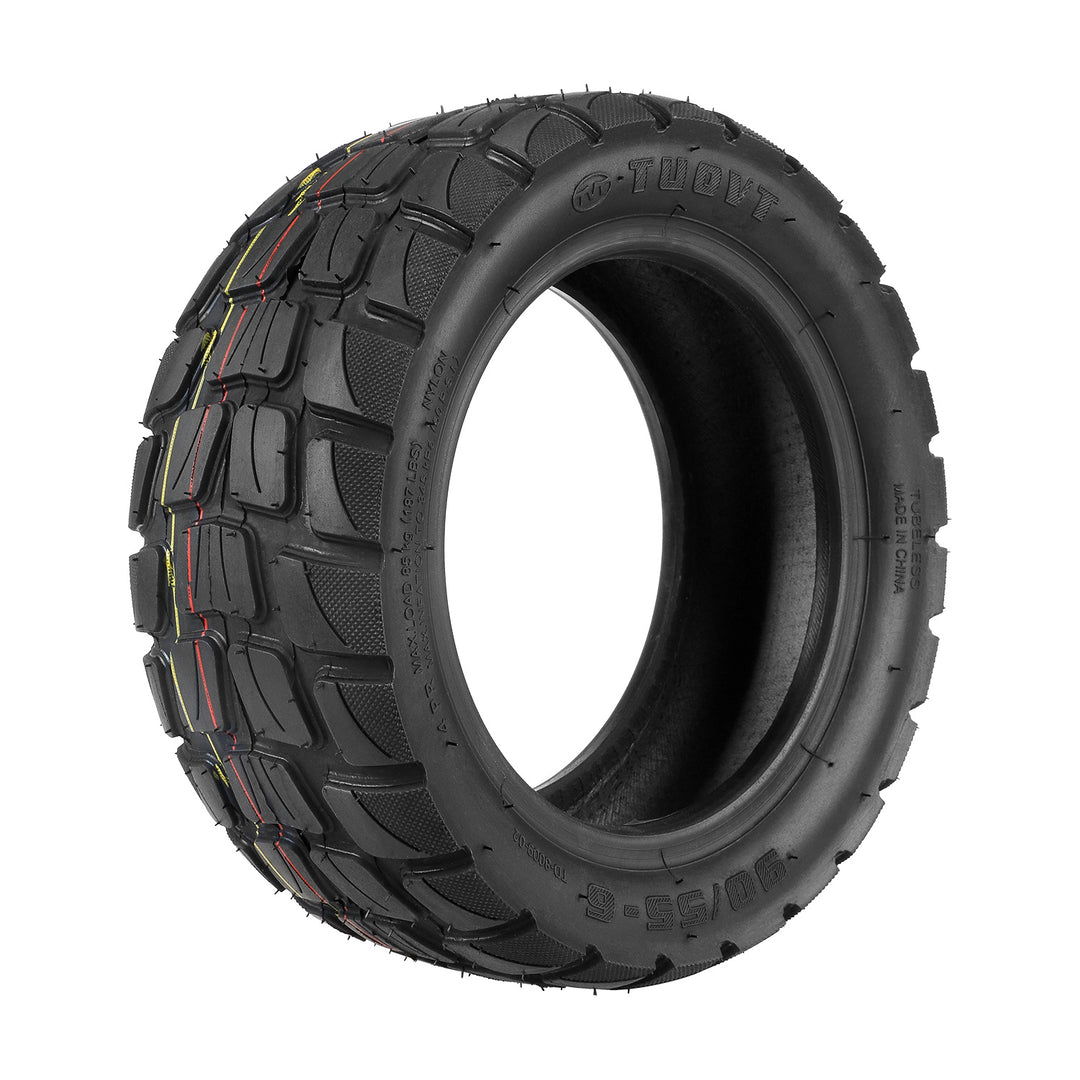 TUOVT 90/55-6 tubeless off-road tyre for electric scooters with aggressive all-terrain tread pattern.