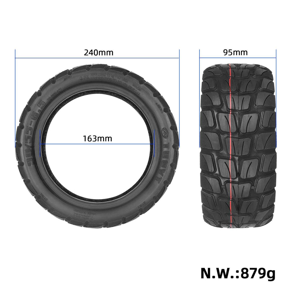 TUOVT 90/55-6.5 off-road tubeless electric scooter tyre showing 240mm diameter, 163mm inner diameter and 95mm width.