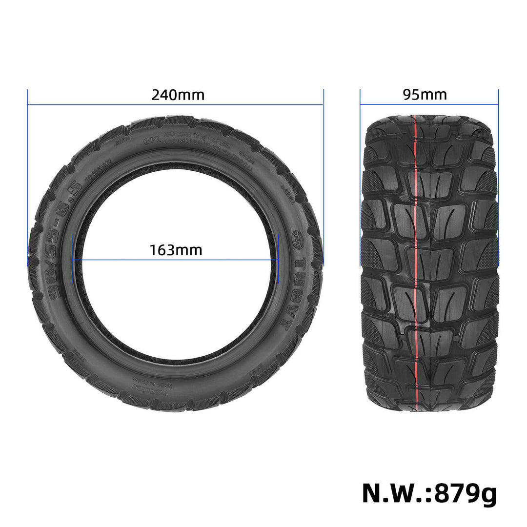 TUOVT 90/55-6.5 off-road tubeless electric scooter tyre showing 240mm diameter, 163mm inner diameter and 95mm width.